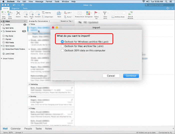 Import Outlook pst to mac