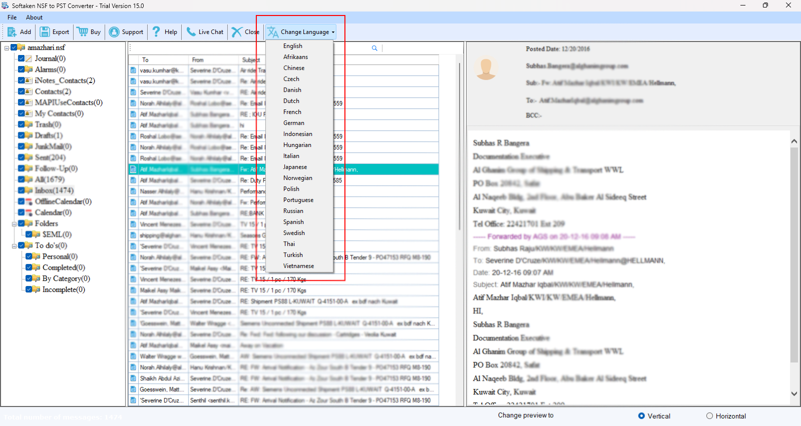nsf to pst converter support multiple langauges