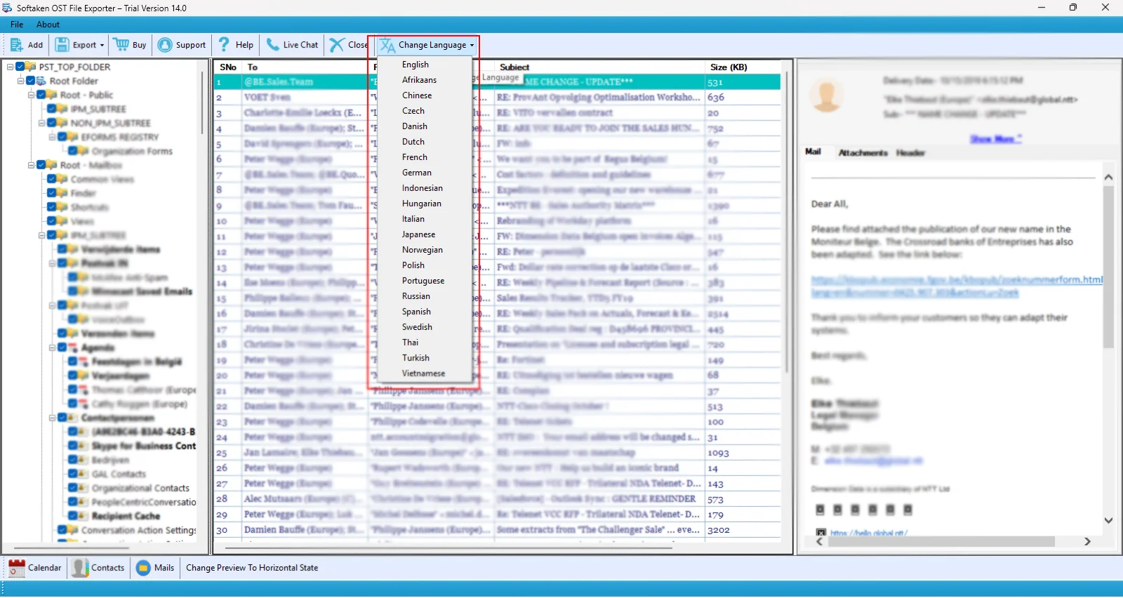 ost file exporter support multiple languages