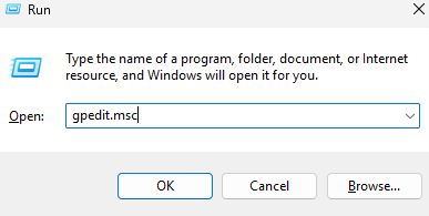Windows Run dialog showing gpedit.msc command to open Group Policy Editor for increasing Outlook OST file size limit