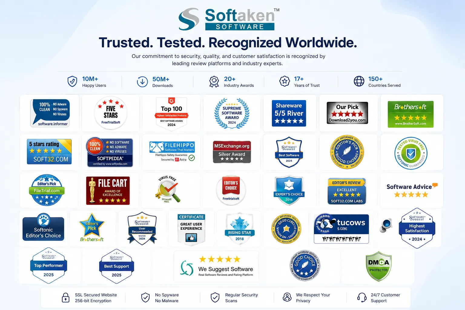 Softaken awards and review platform recognition badges