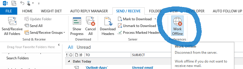 microsoft outlook 2013 working offline