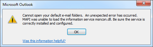 Cannot open your default email folders