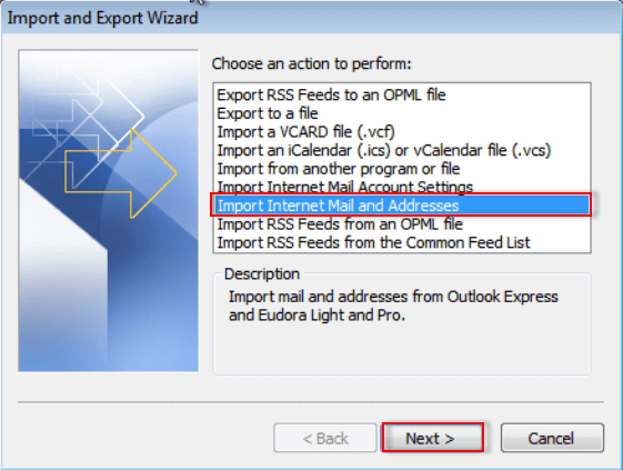 Import Internet Mail wizard