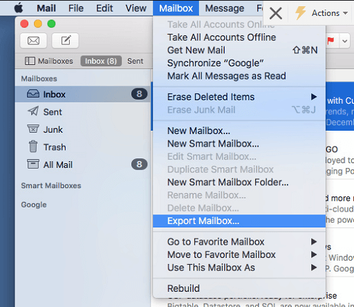 select export mailbox