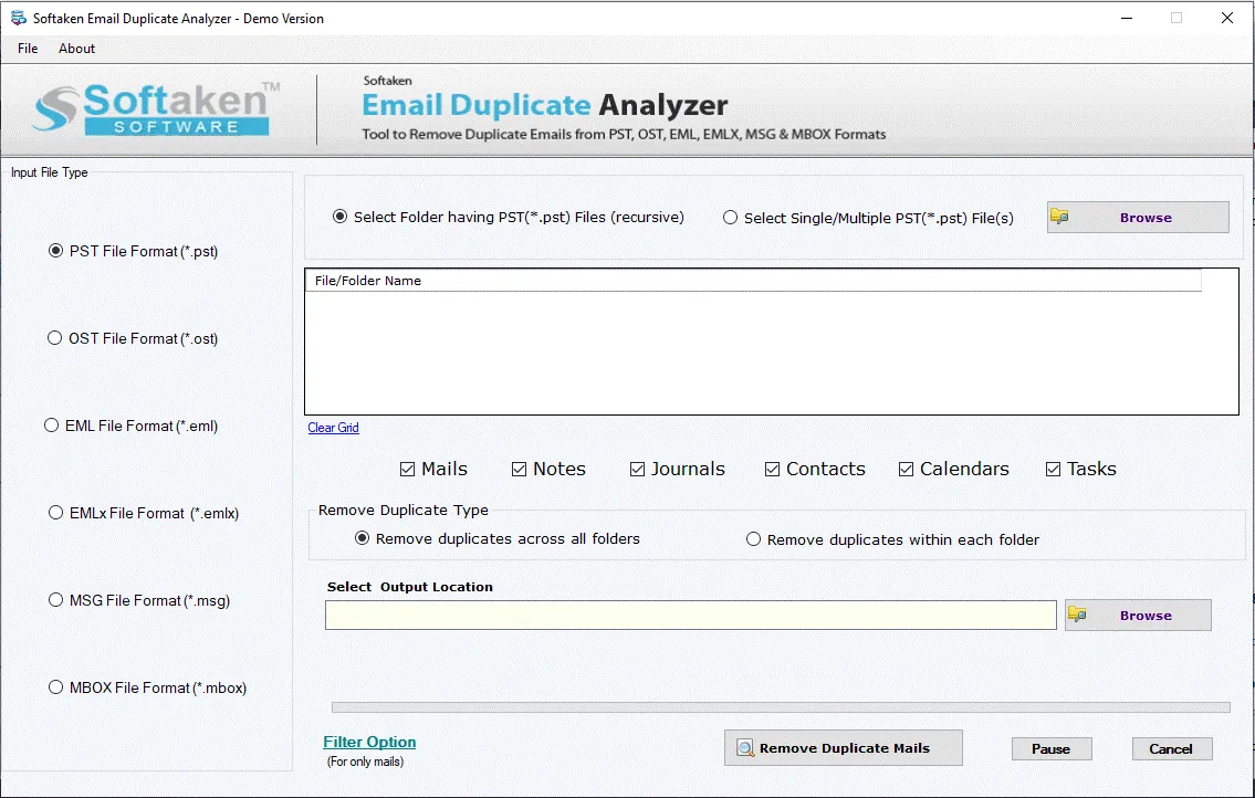 Softaken Email Duplicate Analyzer - launch and select source format