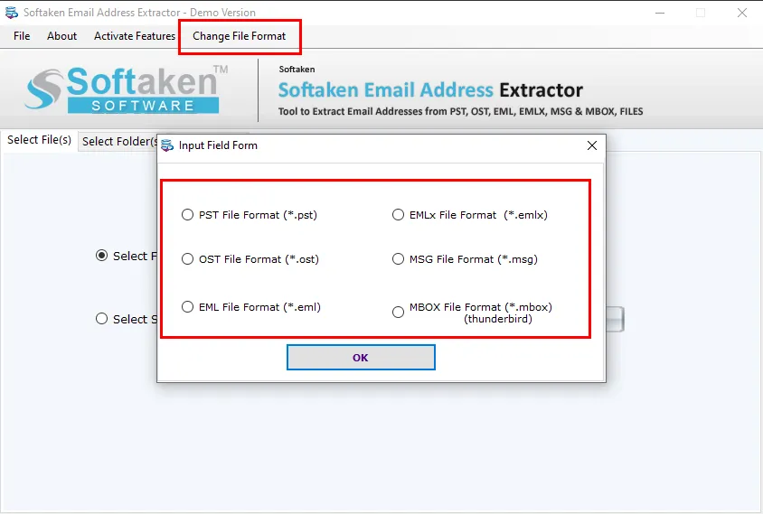 Email Address Extractor - Change file format and launch interface