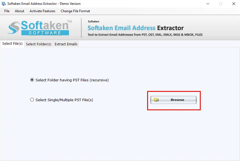 Email Address Extractor - Select source files and mailbox folders