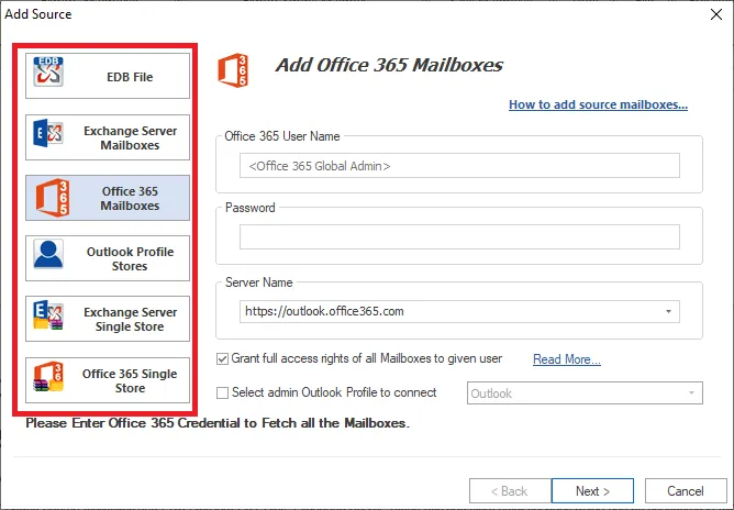 Choose Exchange source connection options