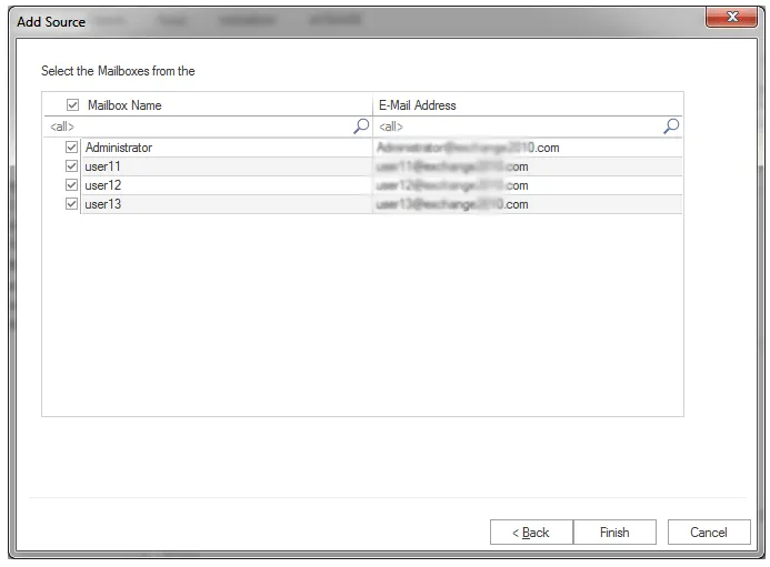 Select Exchange mailboxes for backup