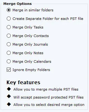 Choose merge options for PST files