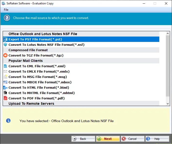 Click to enlarge Select export option PST PDF MBOX IMAP and more