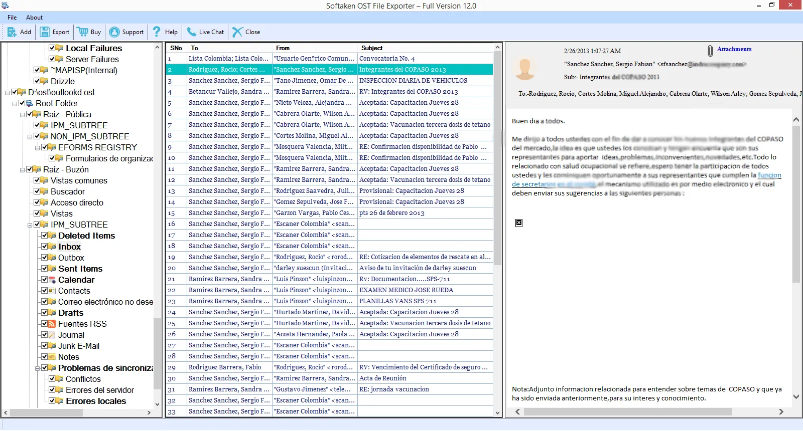 Click to enlarge Preview OST mailbox folder tree