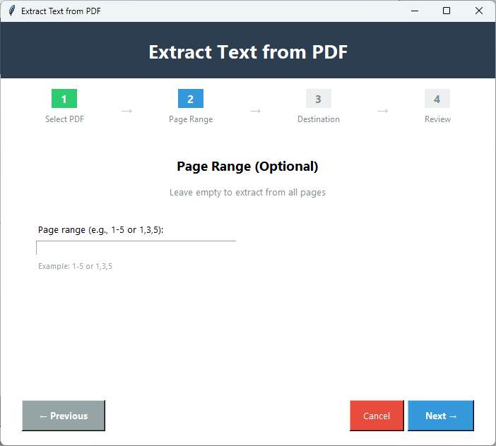 Click to enlarge Extract Text wizard step 2 Page Range optional 1-5 or 1,3,5