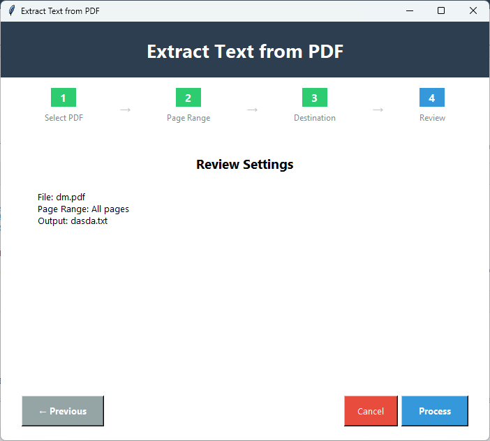 Click to enlarge Extract Text wizard step 4 Review Settings showing TXT output