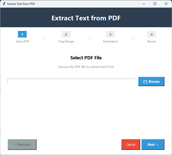 Click to enlarge Extract Text wizard step 1 Select PDF File with Browse