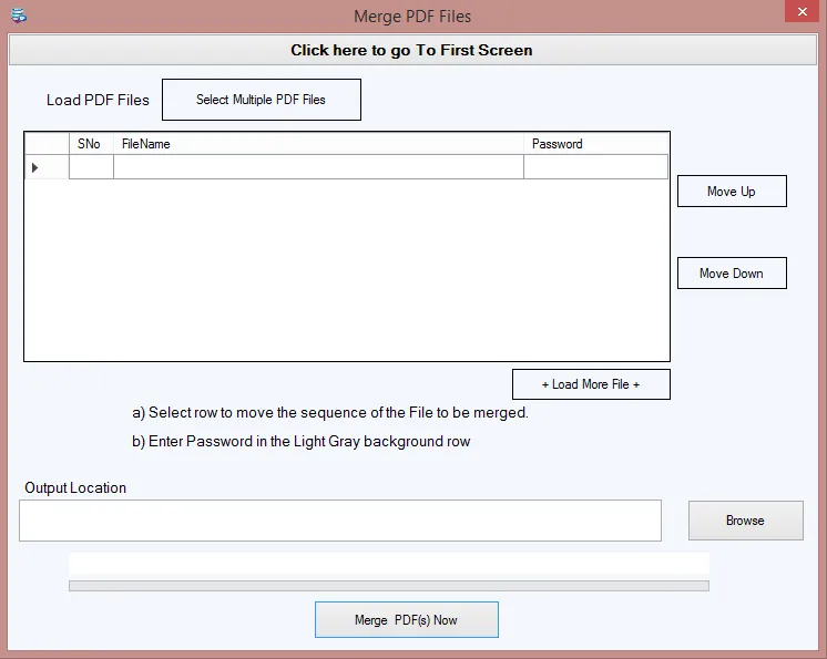 Merge PDF Files panel with file list Move Up Down and Password column