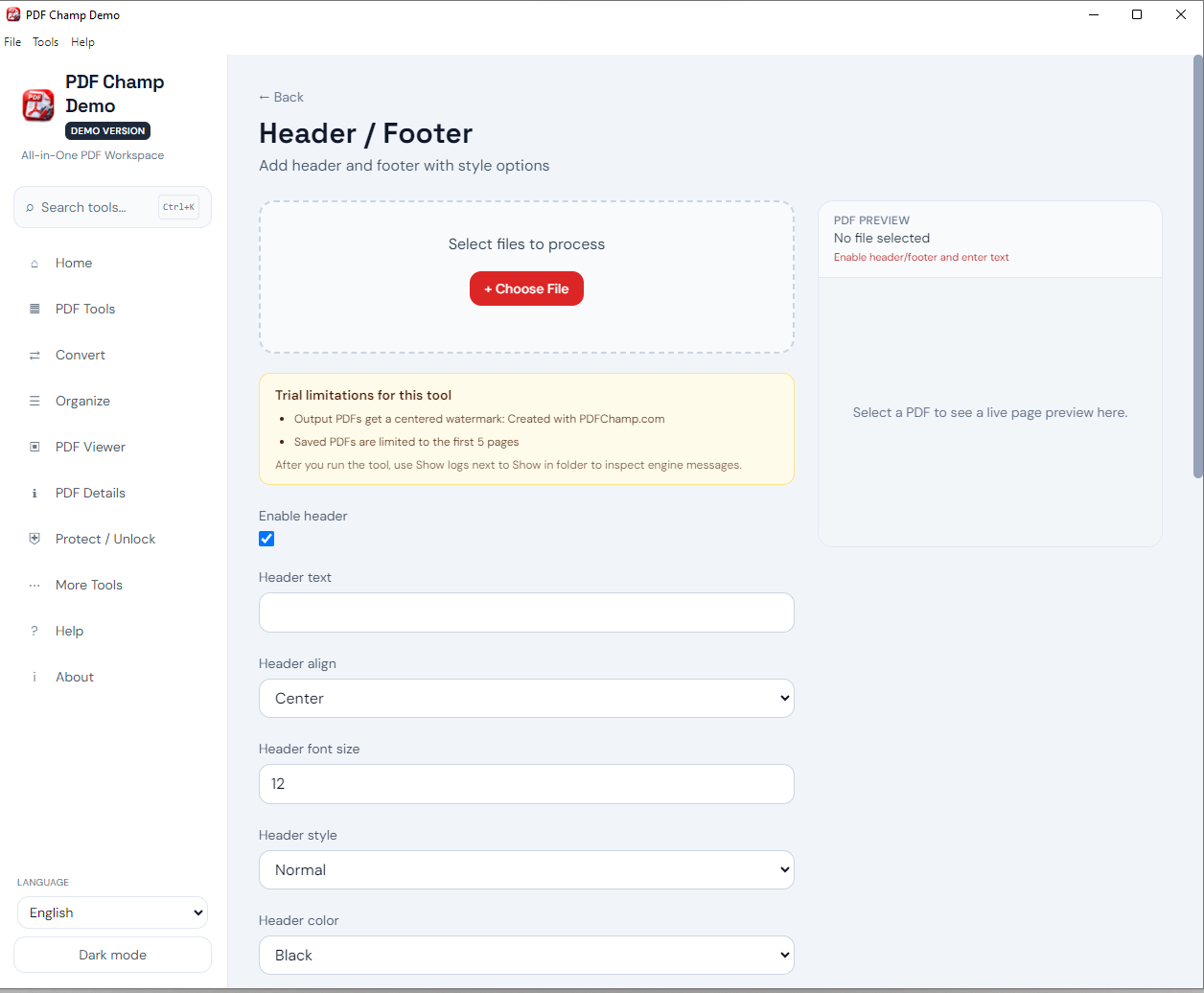 PDF Champ — Open Header/Footer