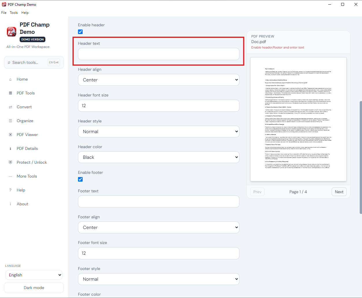 Select PDF file for headers and footers