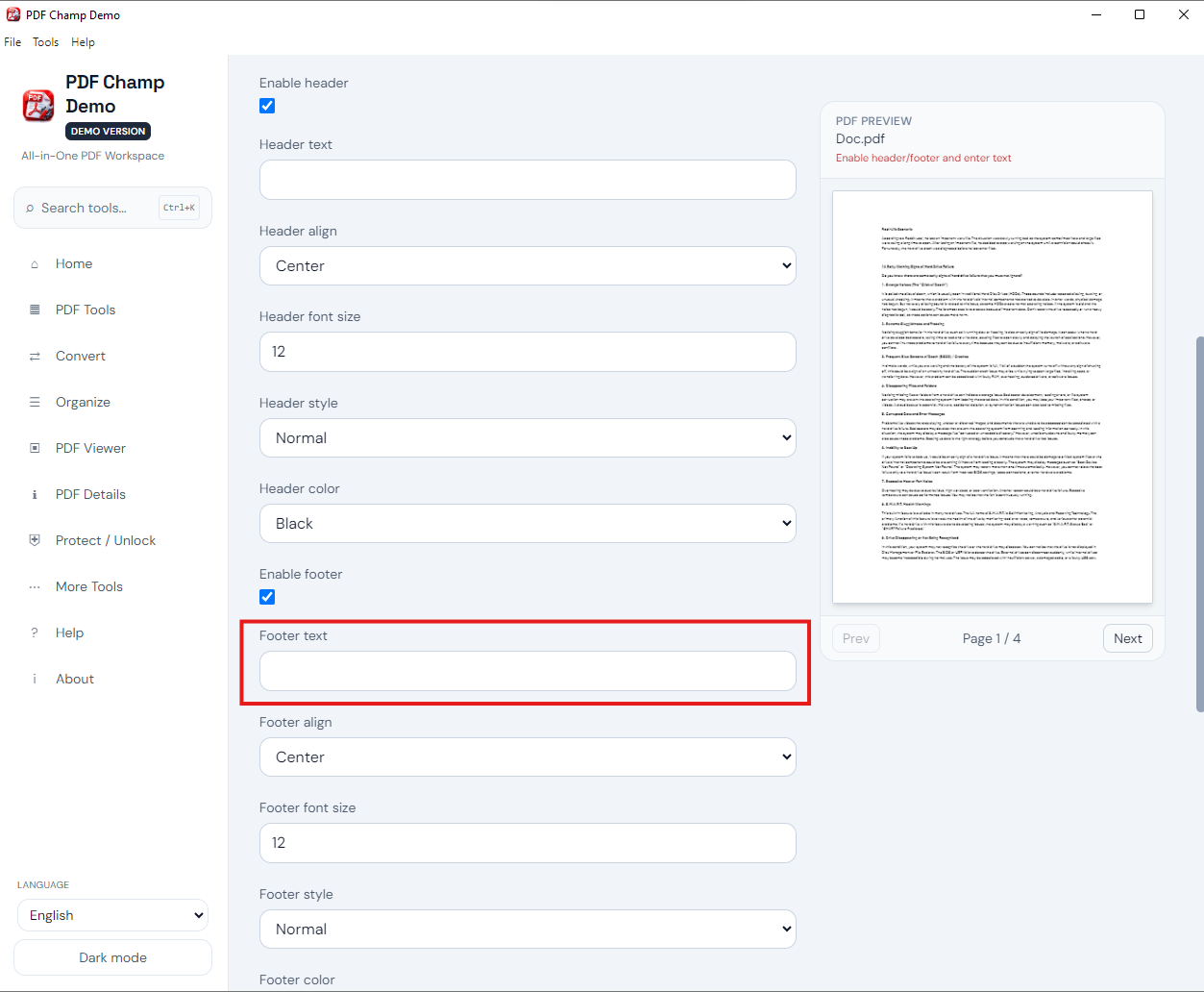 Choose header or footer content