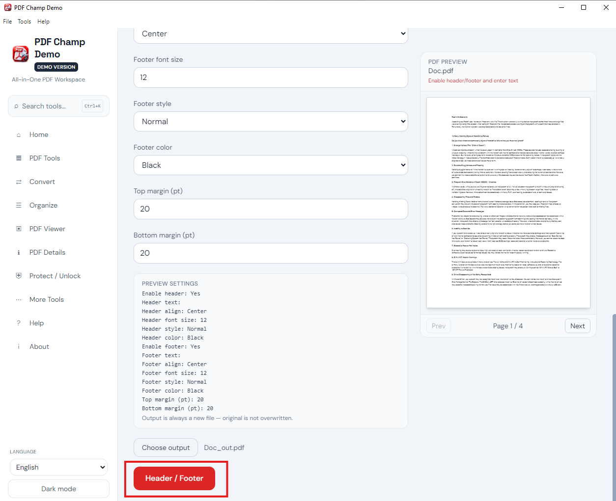 Select output and apply header footer