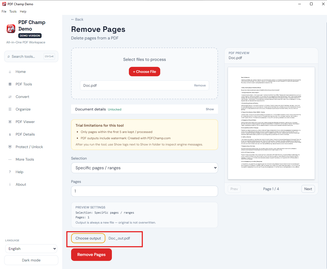 PDF Champ — open Remove PDF Page