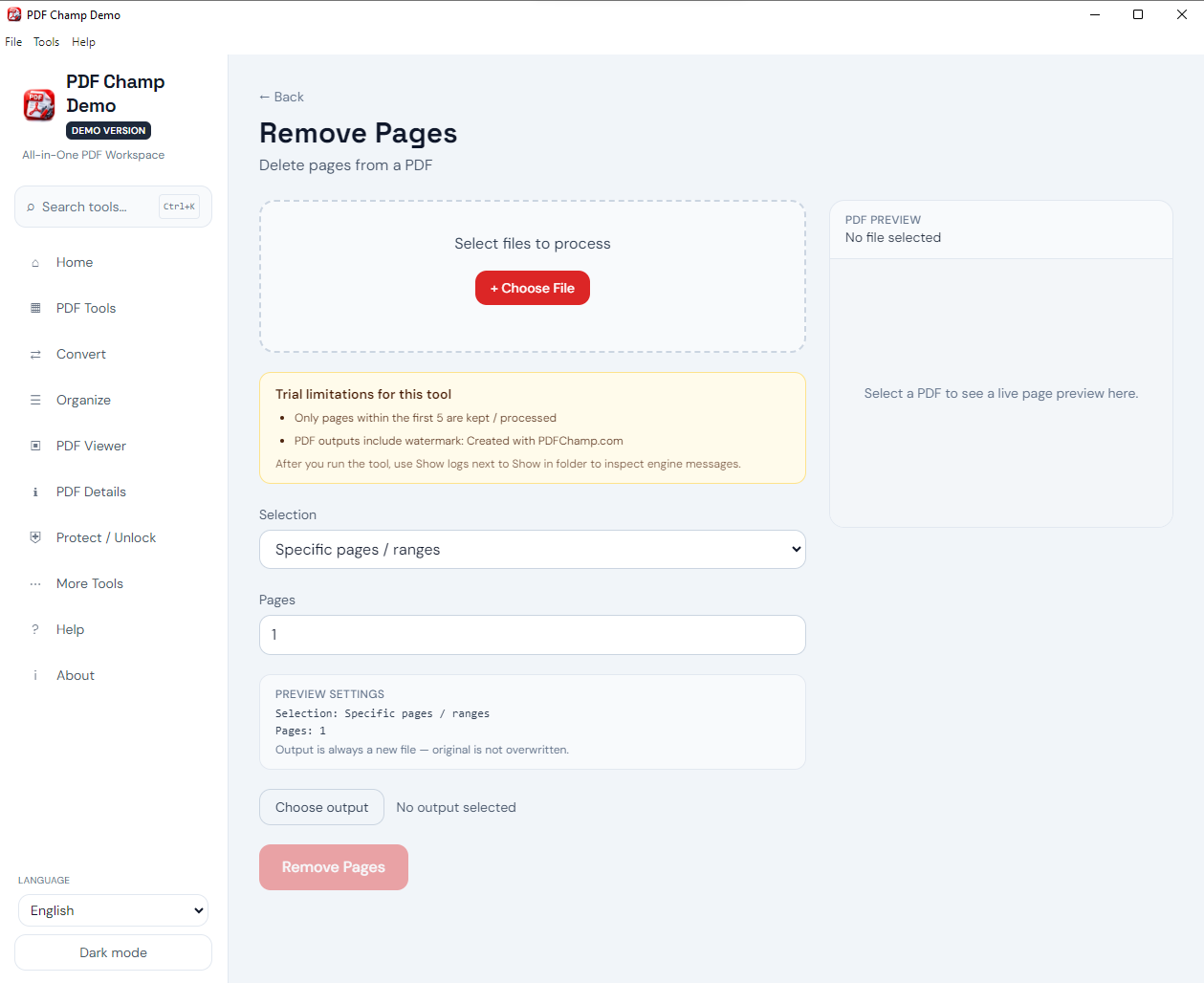 Preview pages to be removed page list