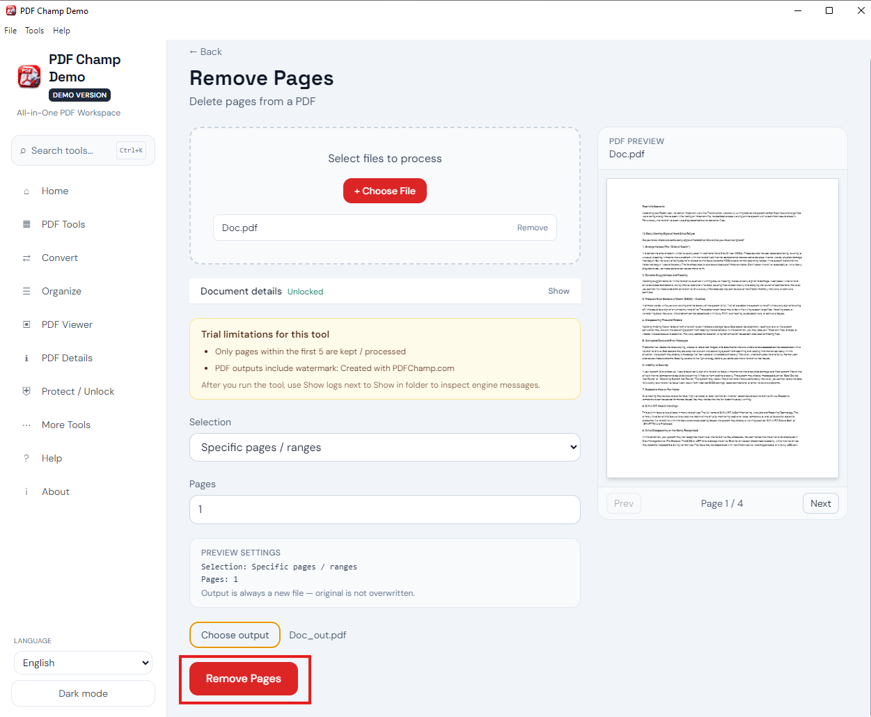 Save new PDF after removing pages