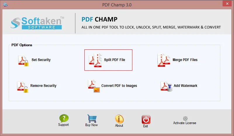 PDF tool main screen with Split PDF File option