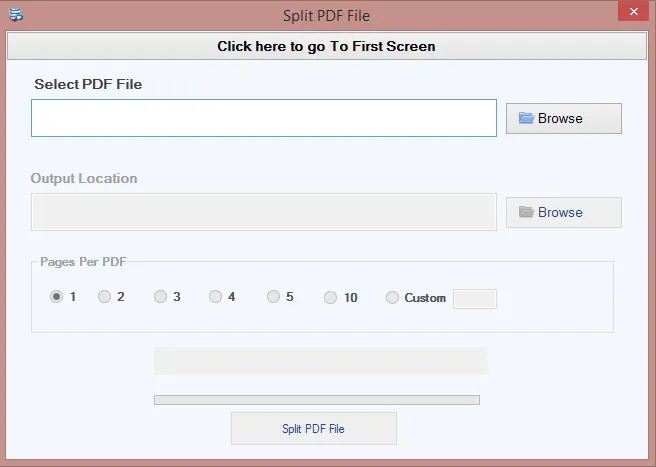 Split PDF File panel with Pages Per PDF options 1 to 10 and Custom