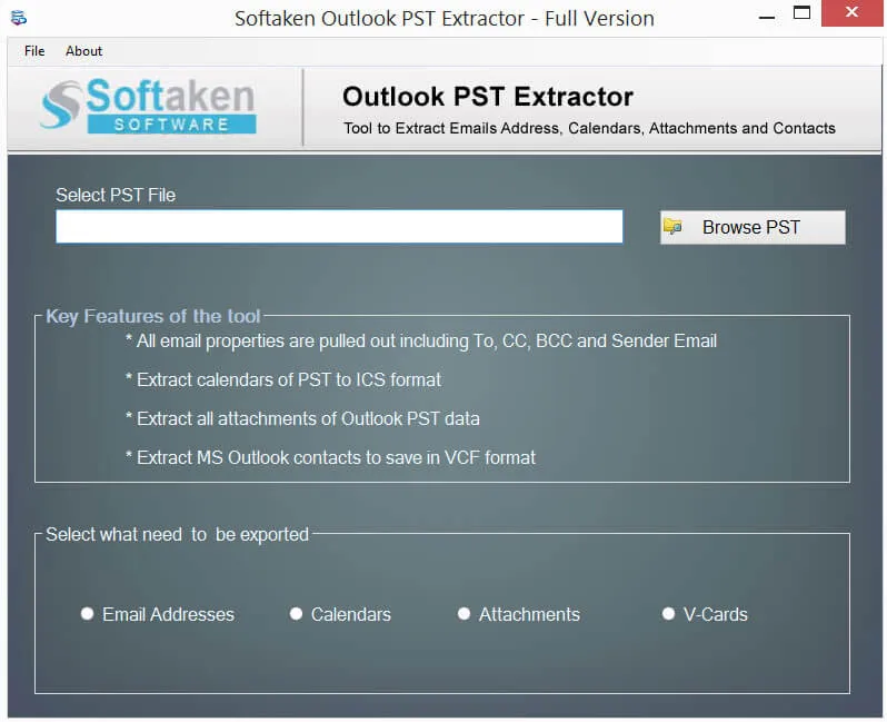 Softaken Outlook Extractor Tool Interface