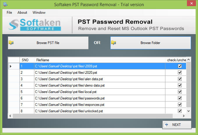 Select password protected PST files