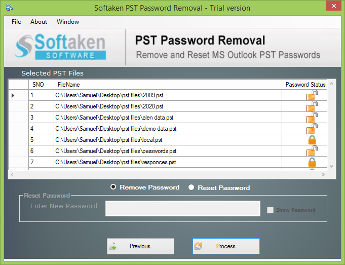 Remove or reset Outlook PST password