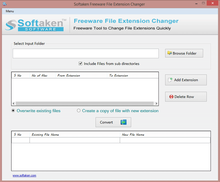 File Extension Changer options for overwrite or create a copy