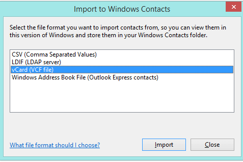 choose vcard and import