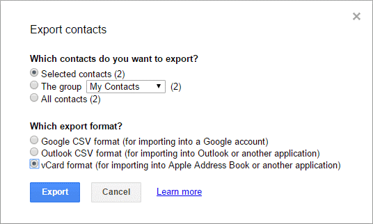 export contacts in vcard format