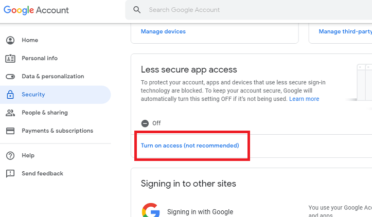 gmail security setting