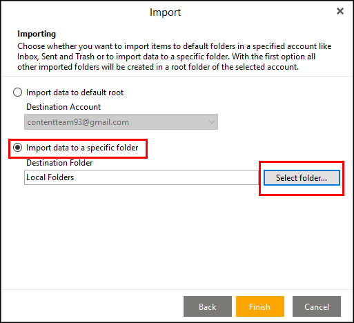 import data to specific folder