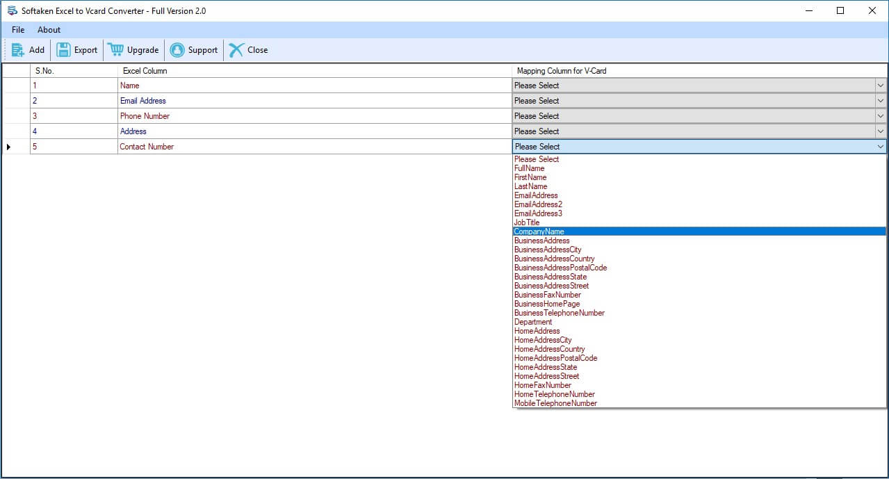 map excel columns with vcard columns