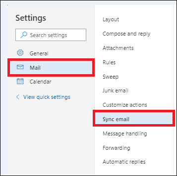 select sync email option