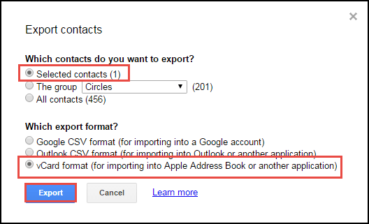 selected contacts in vcf format