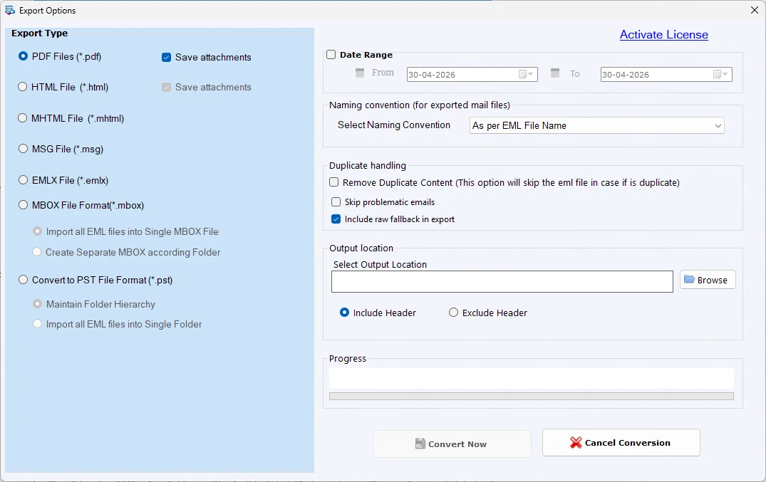 Export options panel with PST destination and conversion settings