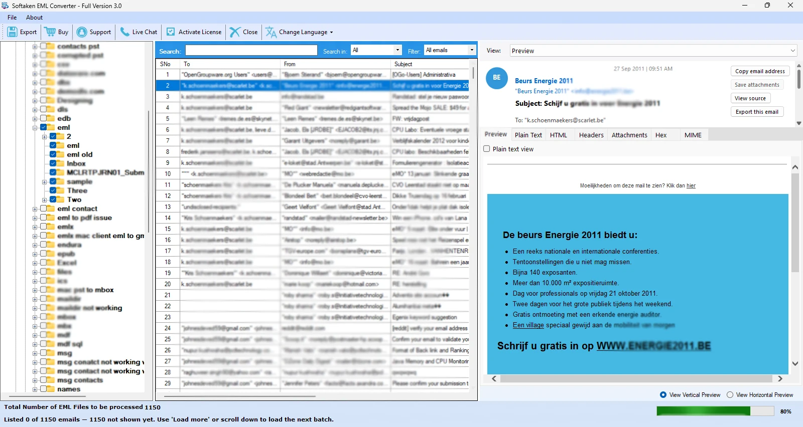 Preview screen with indexed emails and folder hierarchy analysis