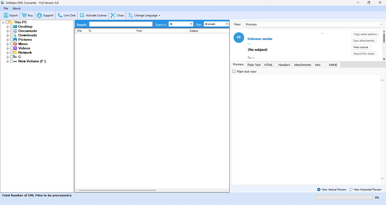 Software interface showing bulk EML folder selection mode