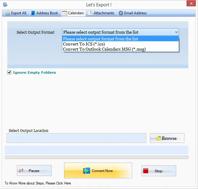 Preview OST calendar folder and event list with subject,start date,end date,location